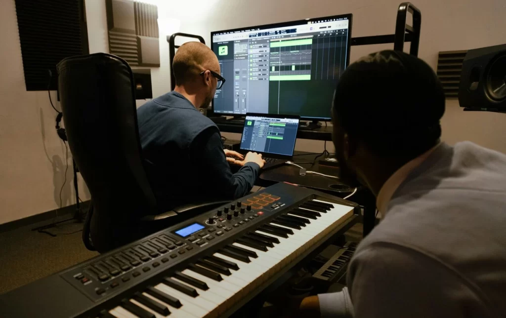 Músico y productor trabajando durante sessión en estudio de grabación