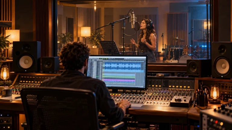 Cuánto cuesta grabar una canción en un estudio: cantante grabando voces y técnico de sonido trabajando en la mesa de mezclas.