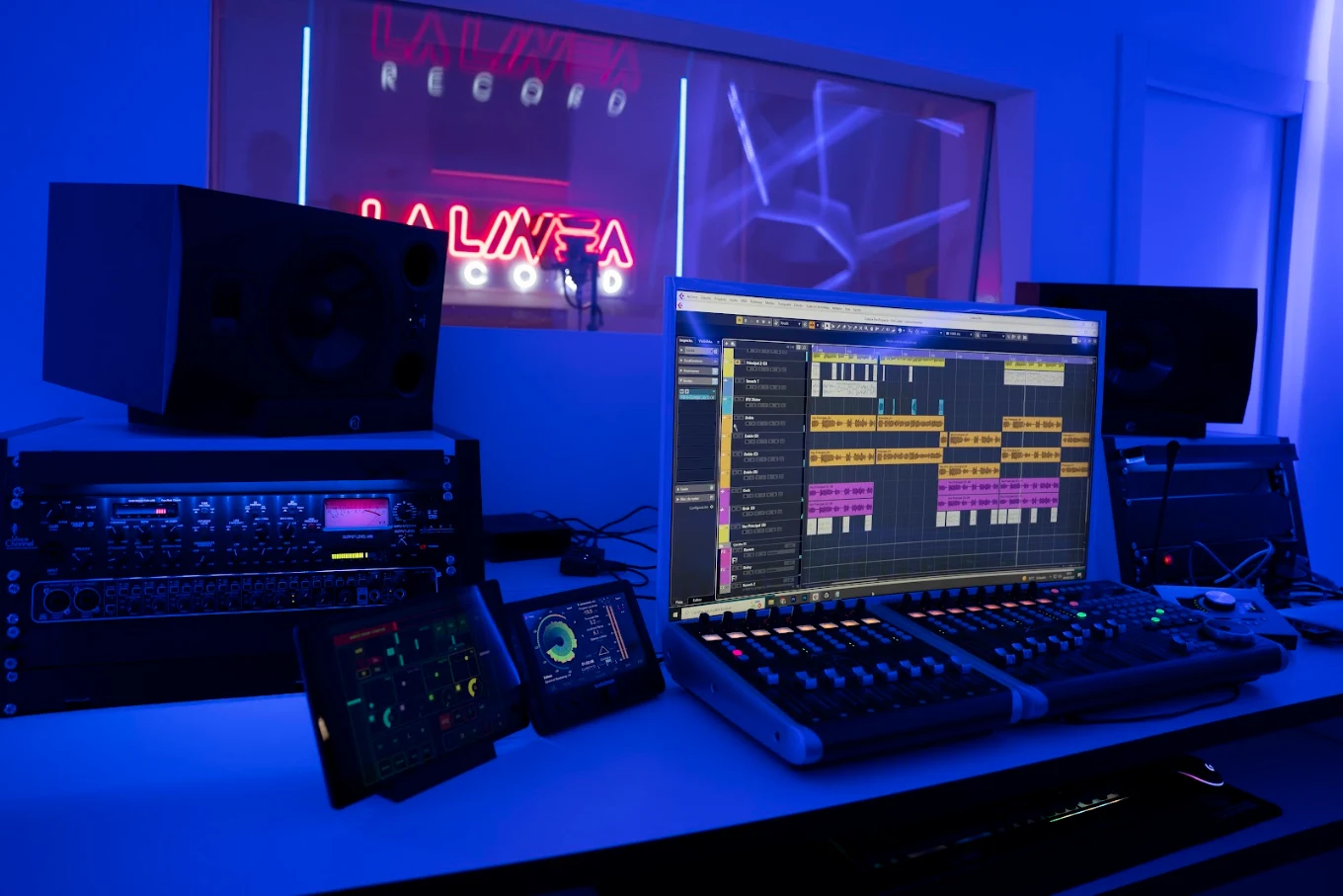 Mesa de mezclas del estudio de grabación La Línea Record en Murcia.
